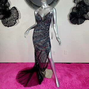 NWT~$990~JOVANI~SZ 2~BLACK PINK BEADED SEQUIN SLIT PROM EVENING GOWN DRESS